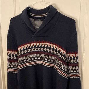 Nautica Navy Sweater with Red and White Fair Isle Pattern